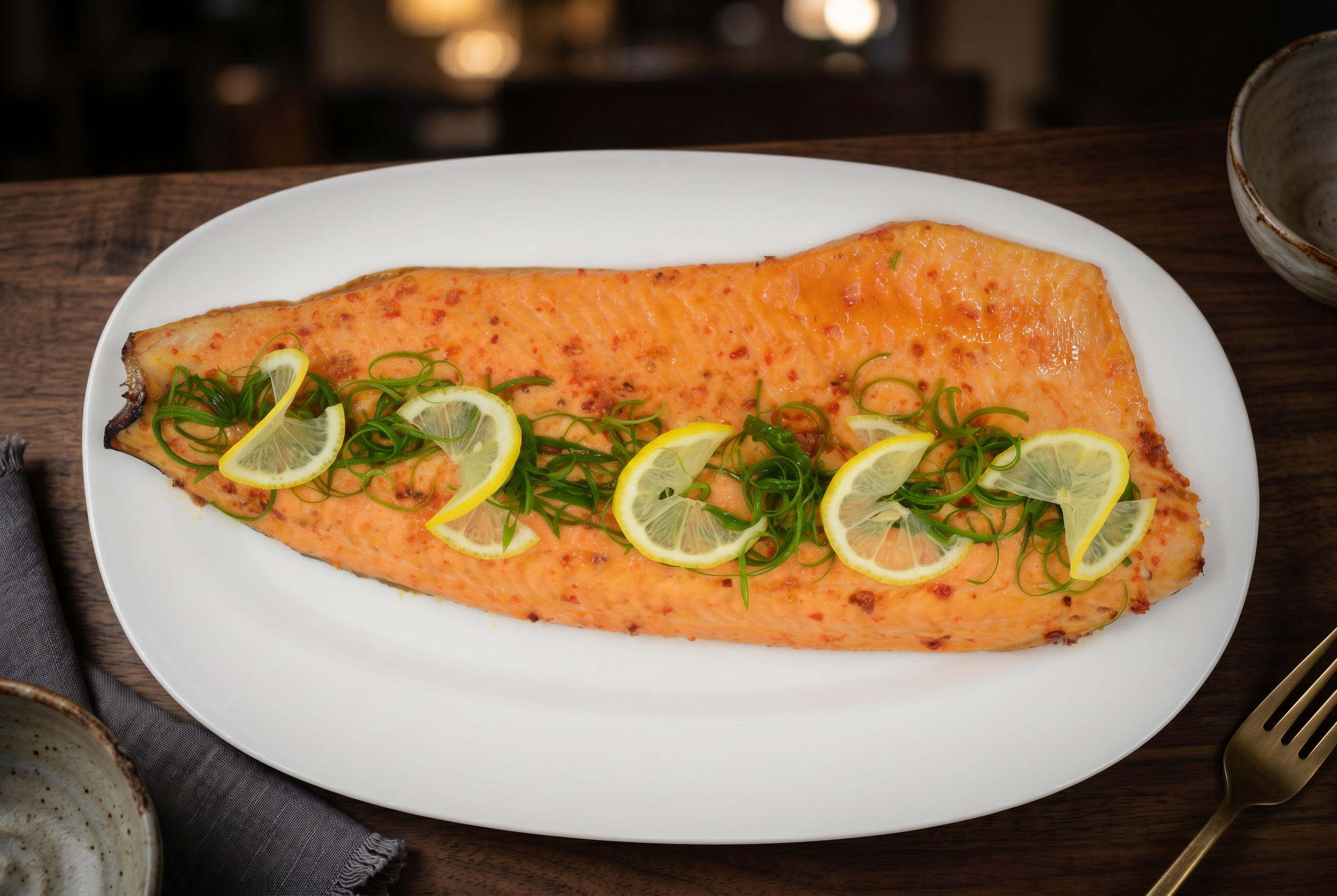 Harissa-baked salmon plated for fine dining